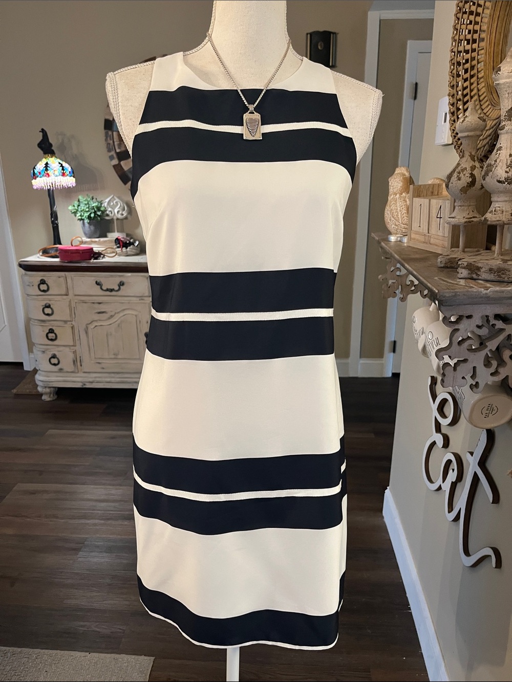 Ann Taylor Black and White Sleeveless Striped Shift Dress